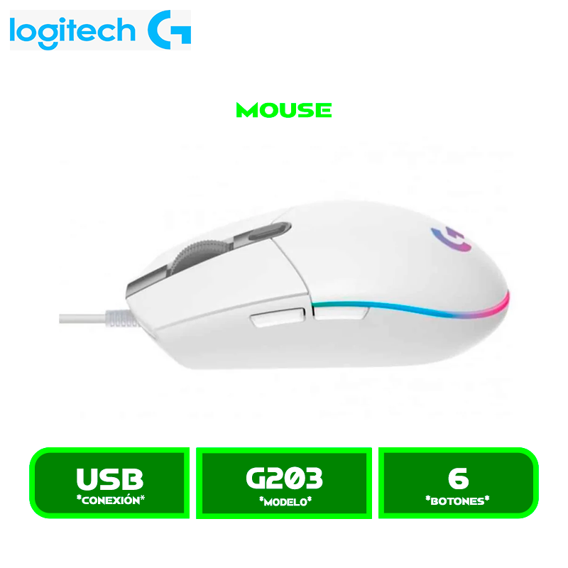 MOUSE LOGITECH G203 LIGHTSYNC OPTICAL 8000 DPI RGB WHITE (910-005791)