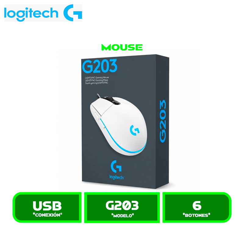 MOUSE LOGITECH G203 LIGHTSYNC OPTICAL 8000 DPI RGB WHITE (910-005791)