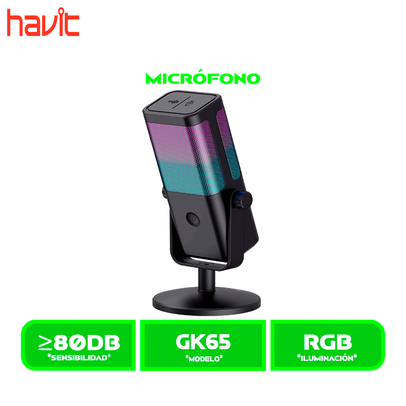 MICROFONO HAVIT GAMENOTE (HVGK-GK65-BK) , RGB, JACK 3.5MM, USB TIPO C BLACK/NEGRO