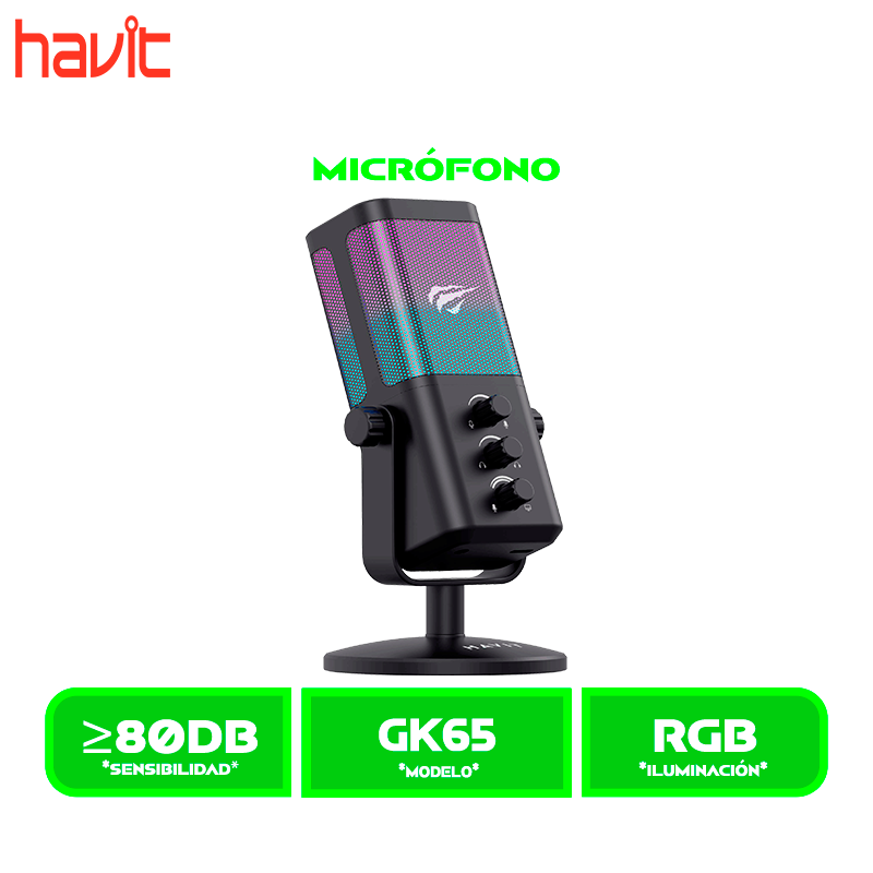 MICROFONO HAVIT GAMENOTE (HVGK-GK65-BK) , RGB, JACK 3.5MM, USB TIPO C BLACK/NEGRO