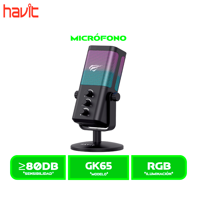 MICROFONO HAVIT GAMENOTE (HVGK-GK65-BK) , RGB, JACK 3.5MM, USB TIPO C BLACK/NEGRO