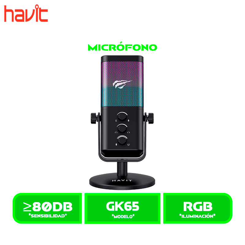 MICROFONO HAVIT GAMENOTE (HVGK-GK65-BK) , RGB, JACK 3.5MM, USB TIPO C BLACK/NEGRO
