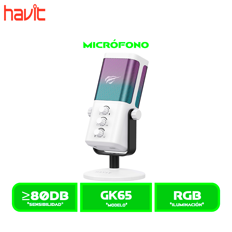 MICROFONO HAVIT GAMENOTE GK65 (HVGK-GK65-WH) , RGB WHITE/BLANCO