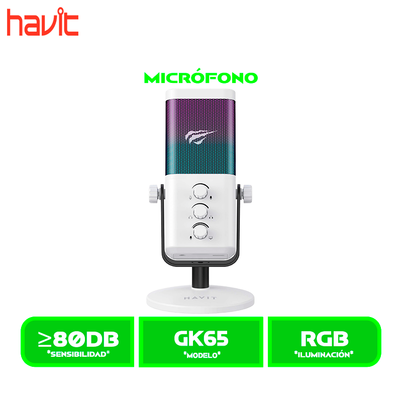 MICROFONO HAVIT GAMENOTE GK65 (HVGK-GK65-WH) , RGB WHITE/BLANCO