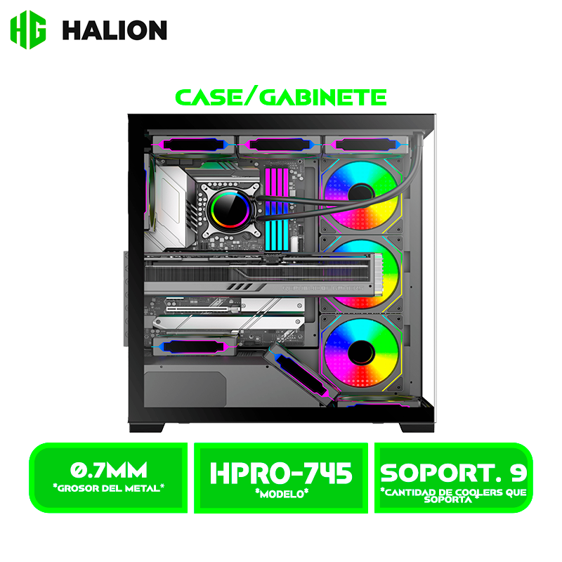 HPRO-745 3 CASE GAMER HALION FISH TANK HPRO-745 S/FUENTE ATX BLACK 6FAN RGB VIDRIO TEMPLADO