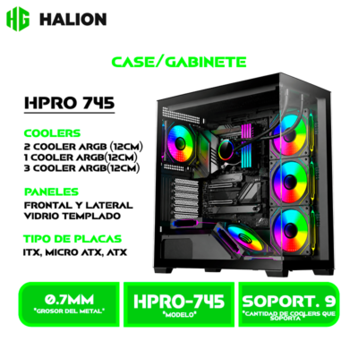 CASE GAMER HALION FISH TANK HPRO-745 S/FUENTE ATX BLACK 6FAN RGB VIDRIO TEMPLADO