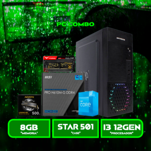 I3 500GB 5GB STAR 501 PC INTEL I3 (12gen), PLACA (PRO H610M-G), MEMORIA (8GB DDR4 3200), DISCO (SSD 500GB M.2), CASE (STAR 501)