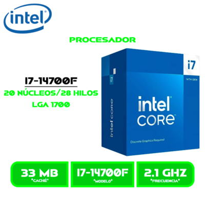 PROCESADOR INTEL CORE I7 14700F LGA 1700 2.1 GHZ/5.4GHZ 33MB CACHE, 20 NUCLEOS