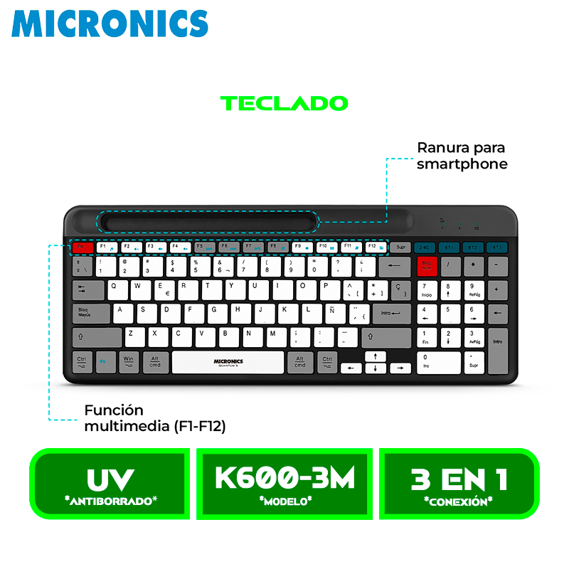K600-3M 1 TECLADO MICRONICS QUANTUM 3 MIC K600-3M WIFI, BT, RECARGABLE