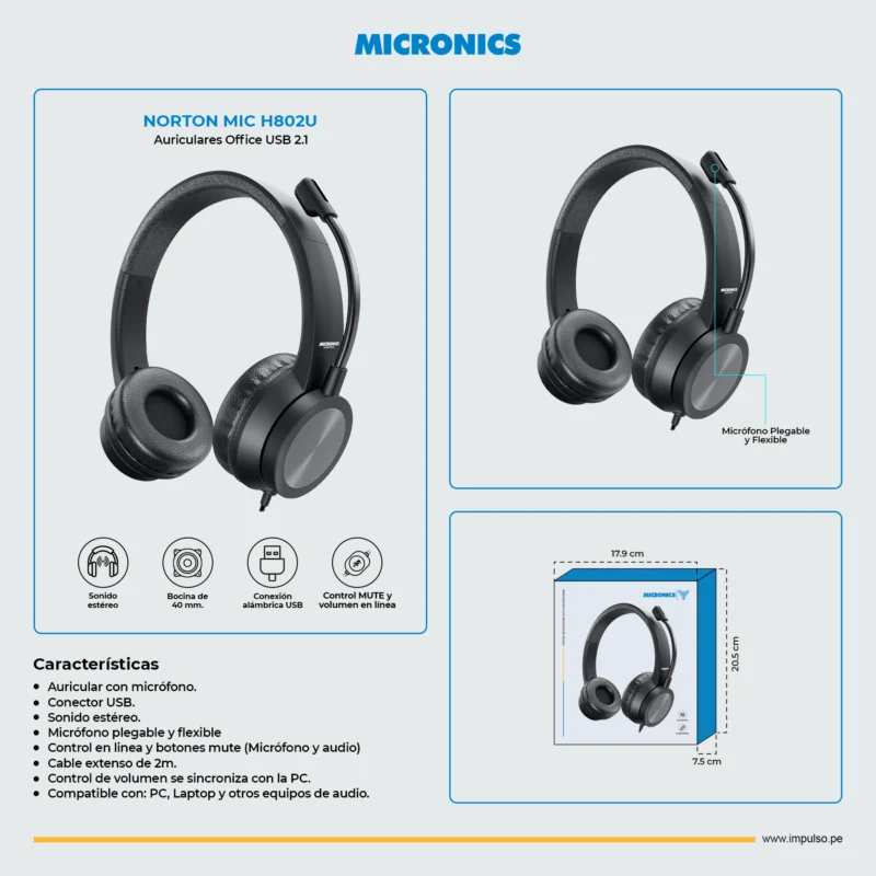 AUDIFONO C/MICROFONO MICRONICS NORTON MIC H802U CABLE USB BLACK