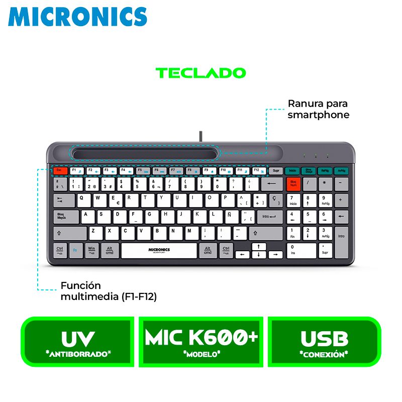 TECLADO MICRONICS QUANTUM+ MIC K600+ USB CABLEADO
