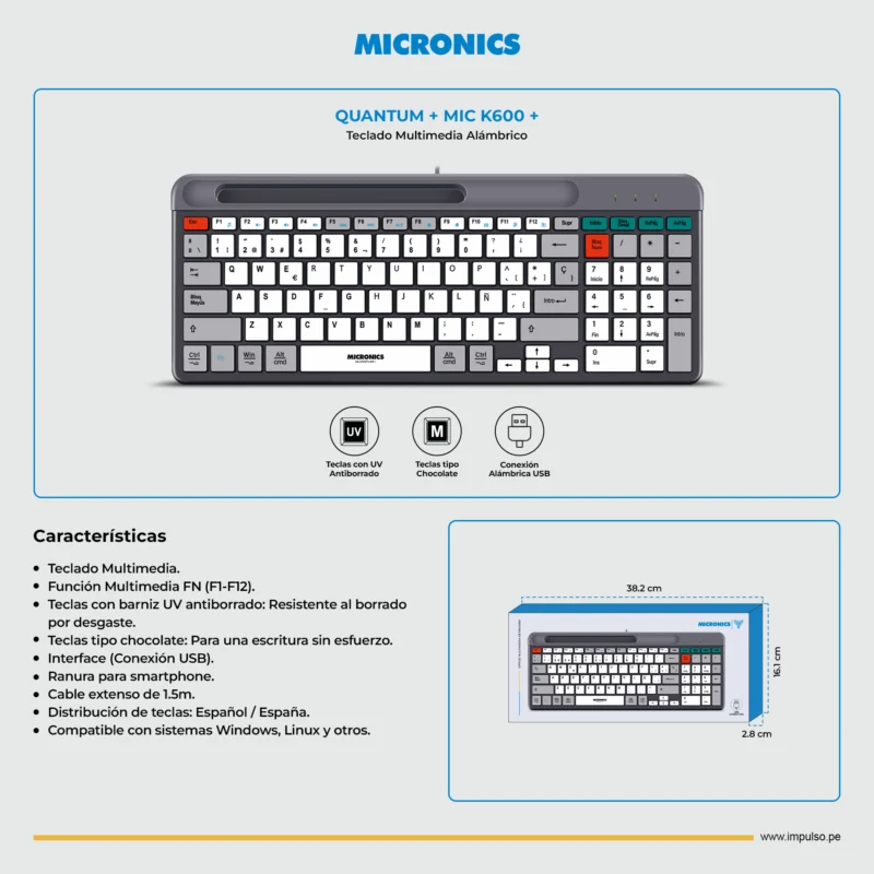 TECLADO MICRONICS QUANTUM+ MIC K600+ USB CABLEADO