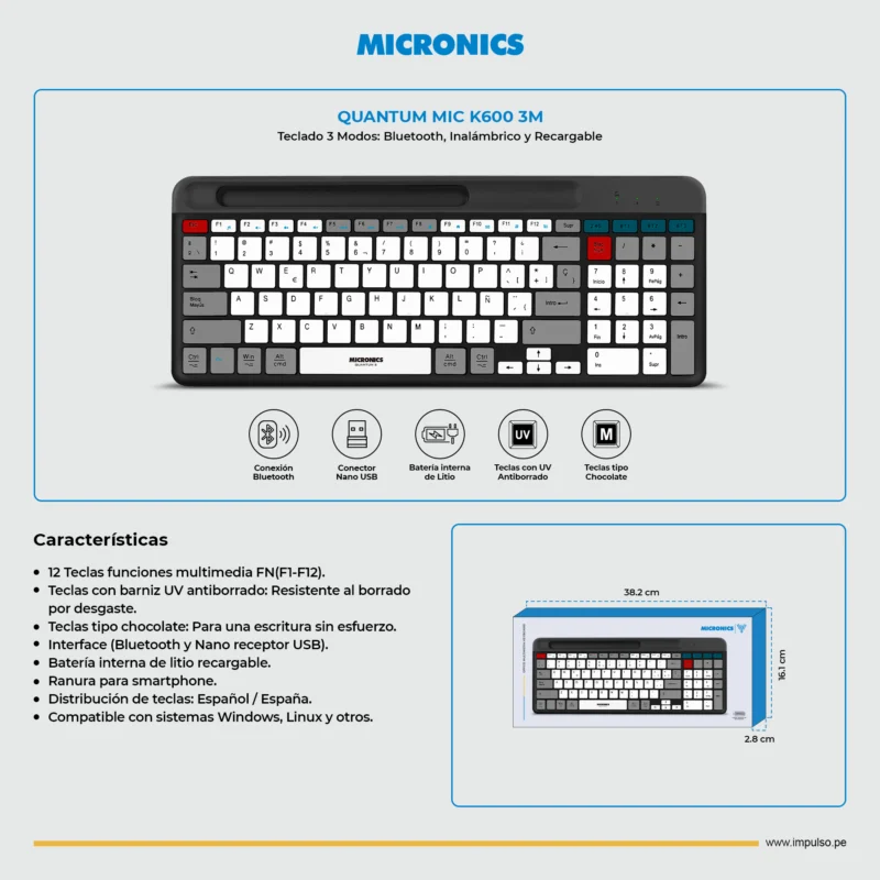 MIC K600-3m 2 TECLADO MICRONICS QUANTUM 3 MIC K600-3M WIFI, BT, RECARGABLE
