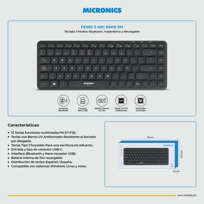 MIC K603-3M 1 TECLADO MICRONICS FENIX 3 MIC K603-3M WIFI, BT, RECARGABLE