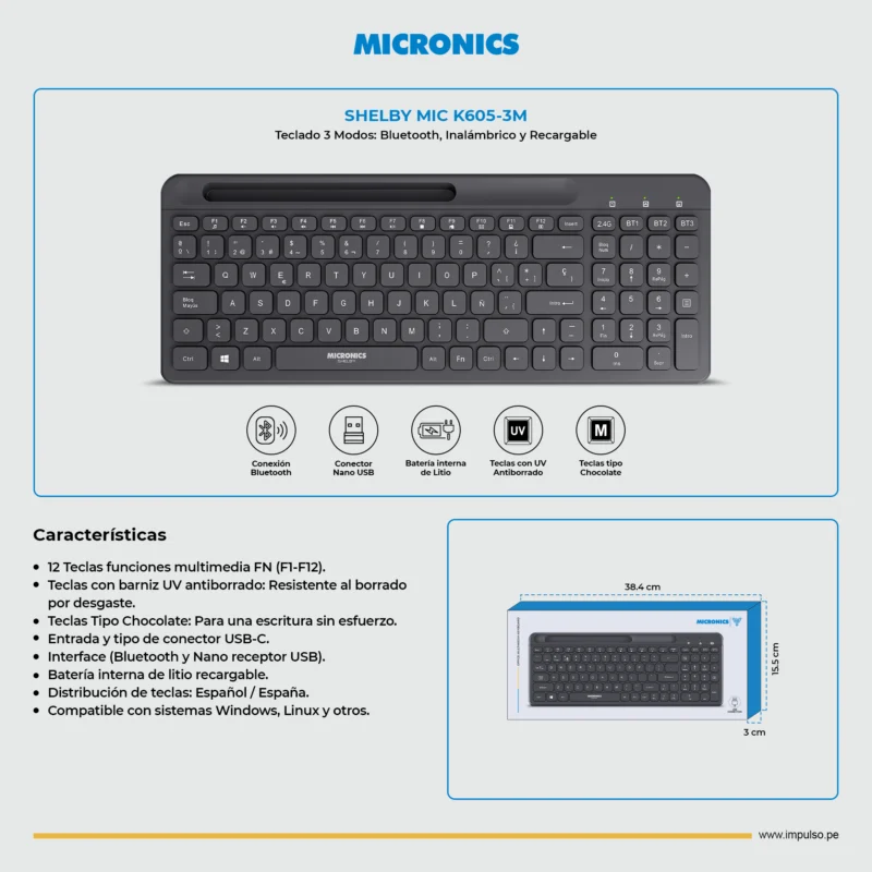 TECLADO MULTIMEDIA MICRONICS SHELBY (MIC K605-3M) WIRELESS BT RECARGABLE