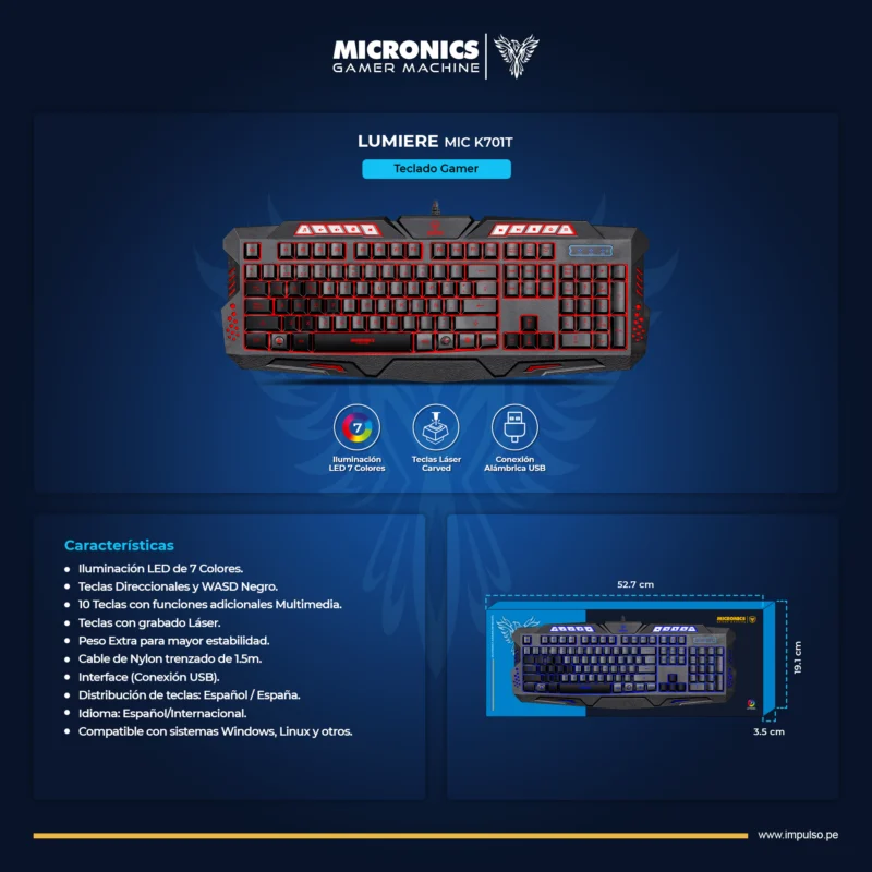 MIC K701T 3 TECLADO GAMER MICRONICS LUMIERE MIC K701 USB LED
