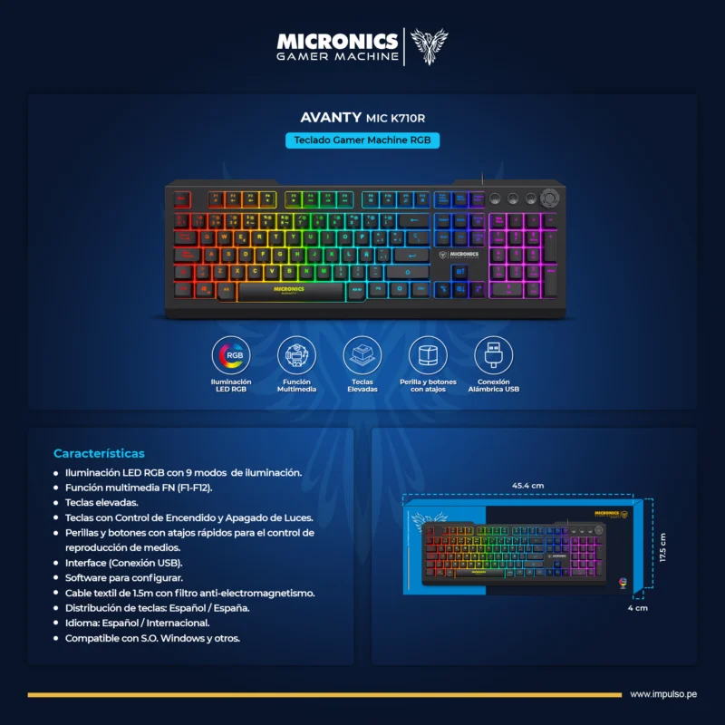 TECLADO MICRONICS AVANTY GAMER RGB MIC K710R BLACK