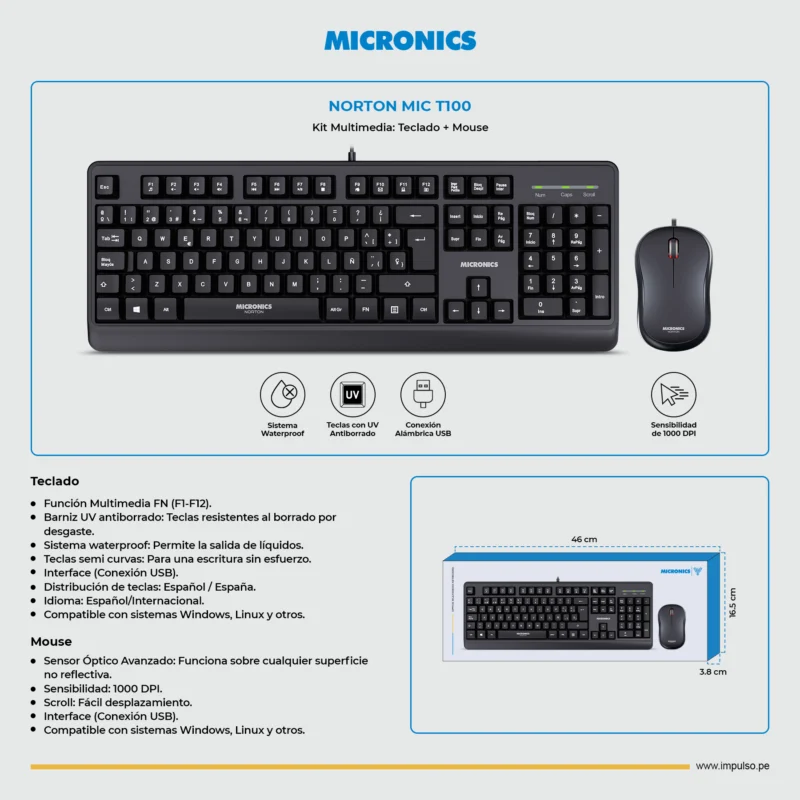TECLADO+MOUSE MICRONICS NORTON BLACK MIC T100 USB