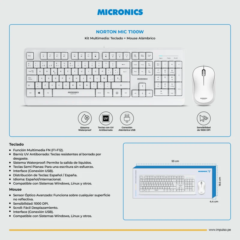 TECLADO+MOUSE MICRONICS NORTON WHITE MIC T100W USB