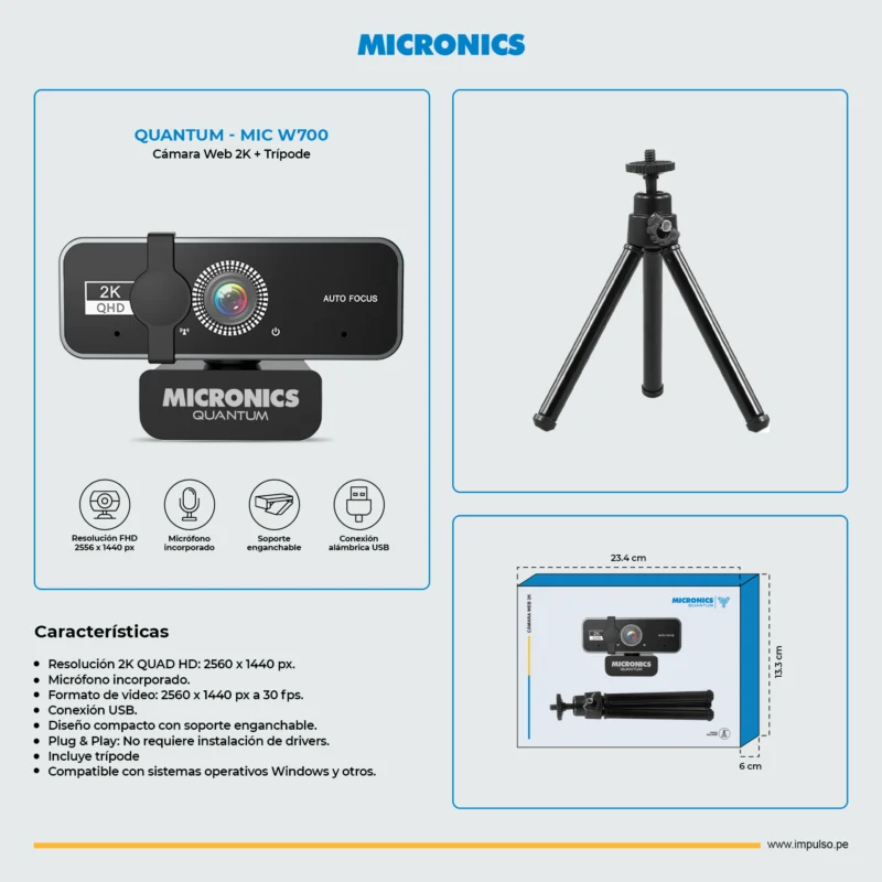 CAMARA WEB MICRONICS QUANTUM MIC W700, 2K QUAD HD + TRIPODE