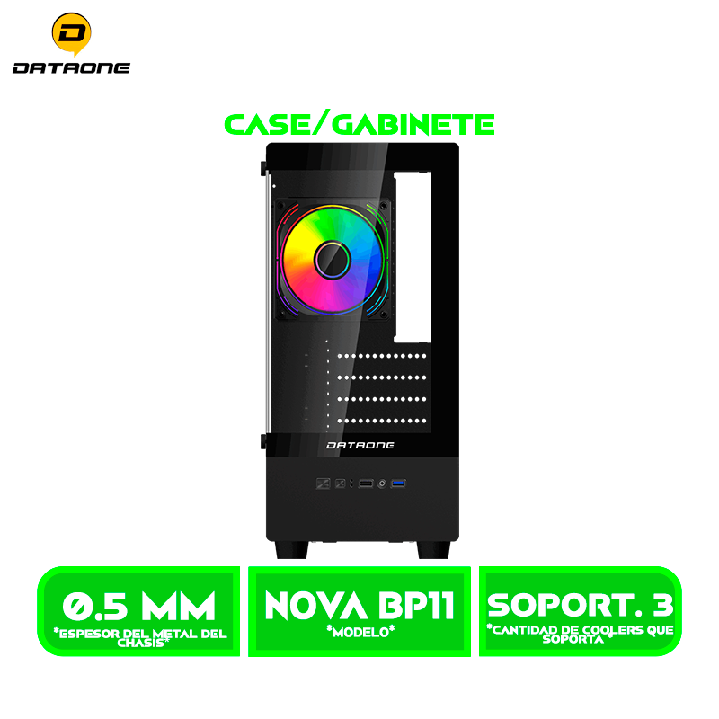 NOVA BP11 1 CASE GAMER DATAONE NOVA BP11 S/FUENTE, MICRO-ATX, 2 PANEL VIDRIO, X1 FAN, LED-RGB, BLACK