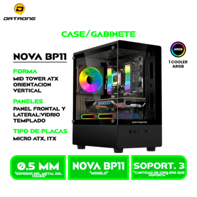 CASE GAMER DATAONE NOVA BP11 S/FUENTE, MICRO-ATX, 2 PANEL VIDRIO, X1 FAN, LED-RGB, BLACK