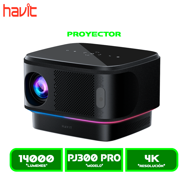 PROYECTOR HAVIT PJ300 PRO BLACK (HVPJ-PJ300 PRO-US-BK) 550ANSI LUMENS 4.45" ANDRIOD TV 9.0 LCD DISPLAY, 4K, 120", WIFI