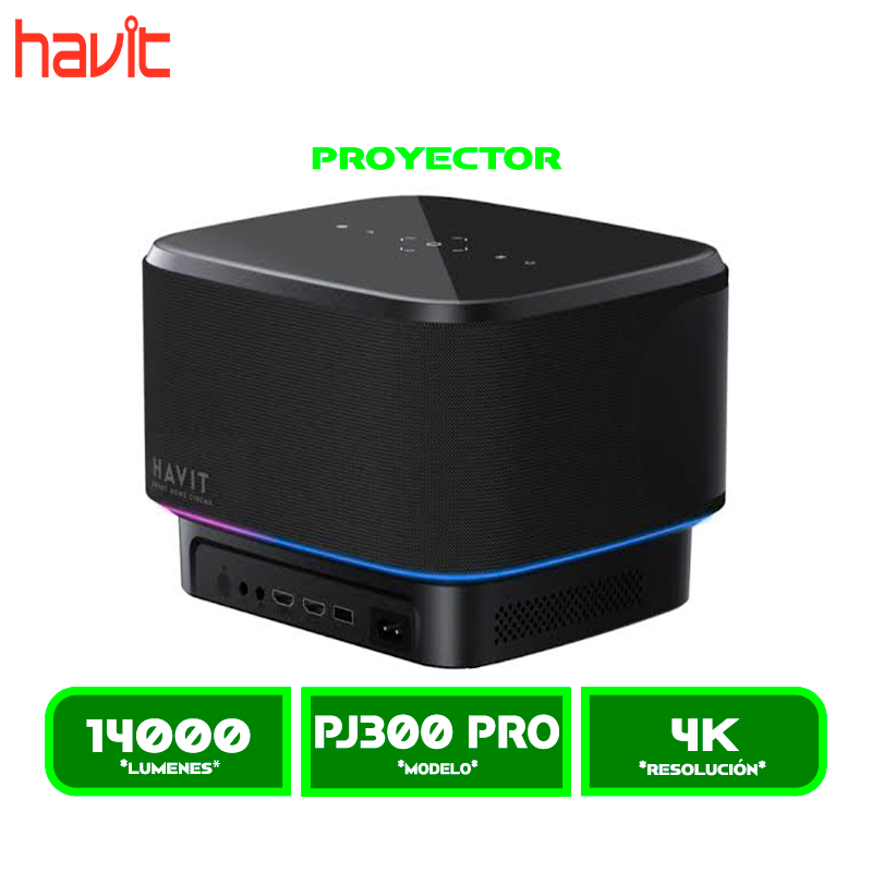 PROYECTOR HAVIT PJ300 PRO BLACK (HVPJ-PJ300 PRO-US-BK) 550ANSI LUMENS 4.45" ANDRIOD TV 9.0 LCD DISPLAY, 4K, 120", WIFI