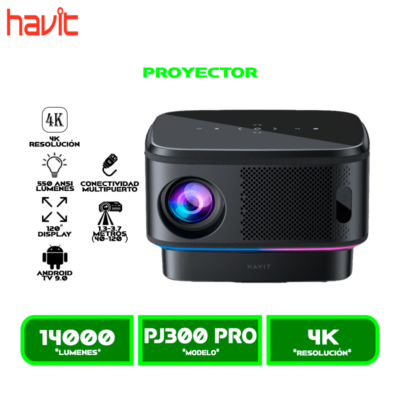 PROYECTOR HAVIT PJ300 PRO BLACK (HVPJ-PJ300 PRO-US-BK) 550ANSI LUMENS 4.45" ANDRIOD TV 9.0 LCD DISPLAY, 4K, 120", WIFI