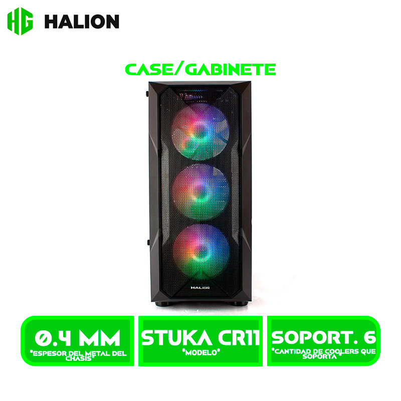 STUKA CR11 1 CASE GAMER HALION STUKA CR11 C/ FUENTE 500W NEGRO MALLA PANEL VIDRIO TEMPLADO 4 COOLER FAN LED RAINBOW