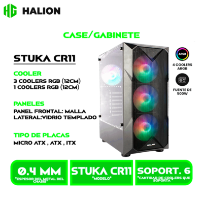 CASE GAMER HALION STUKA CR11 C/ FUENTE 500W NEGRO MALLA PANEL VIDRIO TEMPLADO 4 COOLER FAN LED RAINBOW