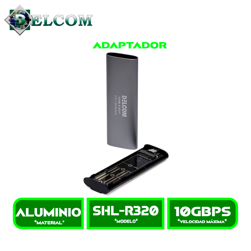 ADAPTADOR SSD 1 CASE DELCOM USB-C Y USB 3.0 PARA SSD NVME M.2 SHL-R320 PORTABLE