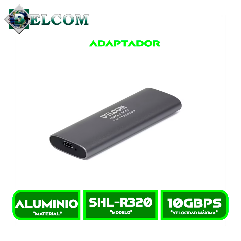 ADAPTADOR SSD 2 CASE DELCOM USB-C Y USB 3.0 PARA SSD NVME M.2 SHL-R320 PORTABLE