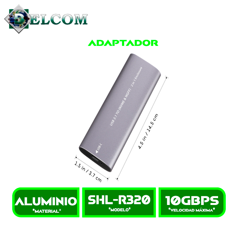 ADAPTADOR SSD 3 CASE DELCOM USB-C Y USB 3.0 PARA SSD NVME M.2 SHL-R320 PORTABLE