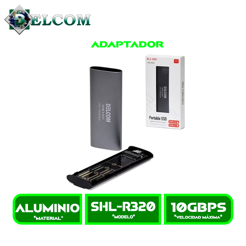 ADAPTADOR SSD CASE DELCOM USB-C Y USB 3.0 PARA SSD NVME M.2 SHL-R320 PORTABLE