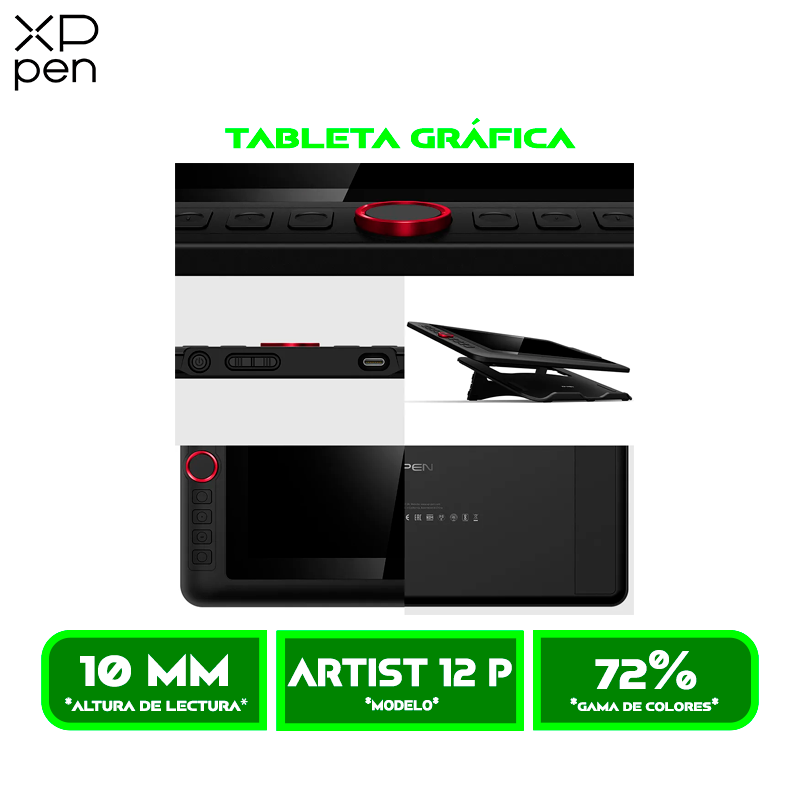 TABLETA GRÁFICA XP-PEN CON PANTALLA DIGITAL DE 11.6" ARTIST 12 PRO 1920x1080 IPS CON LAPIZ Y SIN BATERIA Y SOPORTE AJUSTABLE