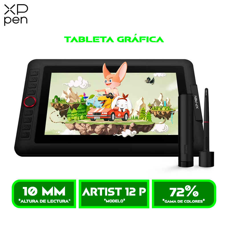 TABLETA GRÁFICA XP-PEN CON PANTALLA DIGITAL DE 11.6" ARTIST 12 PRO 1920x1080 IPS CON LAPIZ Y SIN BATERIA Y SOPORTE AJUSTABLE