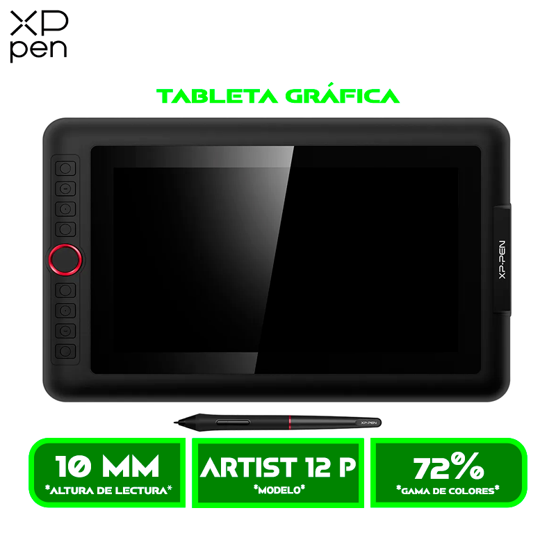 TABLETA GRÁFICA XP-PEN CON PANTALLA DIGITAL DE 11.6" ARTIST 12 PRO 1920x1080 IPS CON LAPIZ Y SIN BATERIA Y SOPORTE AJUSTABLE