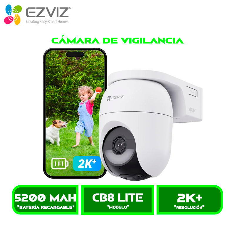 CÁMARA DE VIGILANCIA EZVIZ EXTERIOR CB8 LITE (CS-CB8C/SP) MP4, 2K, VISIÓN NOCTURNA A COLOR, ALERTA CON LUCES, COMUNICACIÓN BIDIRECCIONAL, DOBLE BANDA (2.4 Y 5GHz)WIFI 6, CON PANEL SOLAR, 360