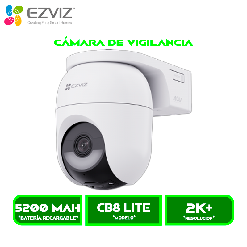 CÁMARA DE VIGILANCIA EZVIZ EXTERIOR CB8 LITE (CS-CB8C/SP) MP4, 2K, VISIÓN NOCTURNA A COLOR, ALERTA CON LUCES, COMUNICACIÓN BIDIRECCIONAL, DOBLE BANDA (2.4 Y 5GHz)WIFI 6, CON PANEL SOLAR, 360