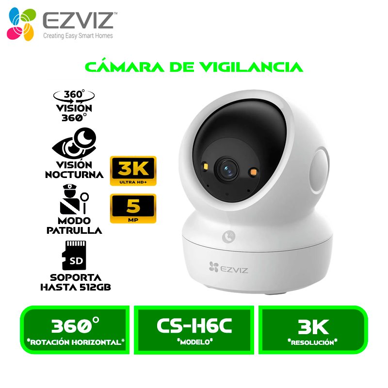 CAMARA DE VIGILANCIA EZVIZ INTERIOR CS-H6C G1 (R200-1Q5WFL), 3K 5MP, DETECCION MOVIMIENTOS-PERSONAS, VISION NOCTURNA, PRIVACIDAD, WI-FI