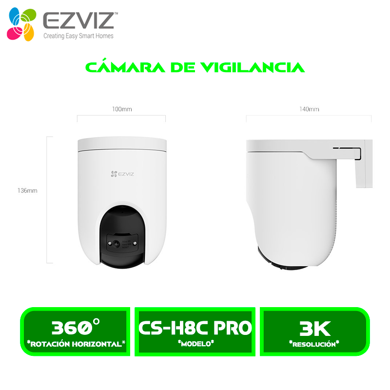 CÁMARA DE VIGILANCIA EZVIZ EXTERIOR SMART PAN-TILT CS-H8C PRO (R210-1R5WFL) 3K 5MP C/N IA 360° VISION NOCTURNA A COLOR AUTO ZOOM DUAL BAND WI-FI