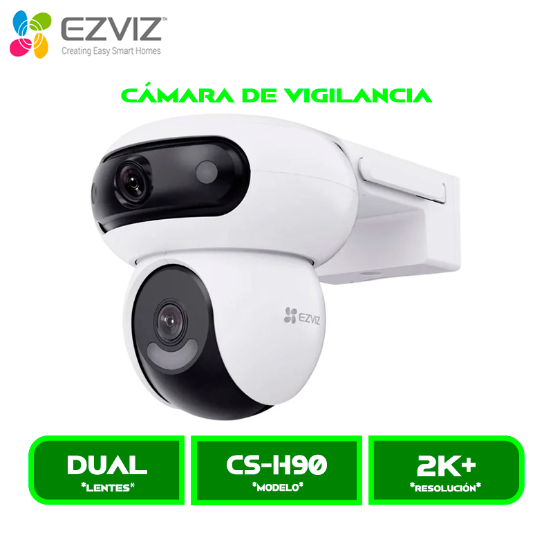 CS-H90 1 CAMARA DE VIGILANCIA EZVIZ EXTERIOR CS-H90 R100-8H44WKFL 2K+ DOBLE LENTE, 4MP, SIRENA CON LUCES, VISION NOCTURNA A COLOR, COMUNICACIÓN BIDIRECCIONAL DOS MODOS DE PATRULLA, 360°H ALEXA
