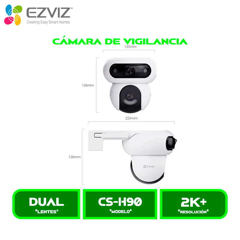 CS-H90 2 CAMARA DE VIGILANCIA EZVIZ EXTERIOR CS-H90 R100-8H44WKFL 2K+ DOBLE LENTE, 4MP, SIRENA CON LUCES, VISION NOCTURNA A COLOR, COMUNICACIÓN BIDIRECCIONAL DOS MODOS DE PATRULLA, 360°H ALEXA
