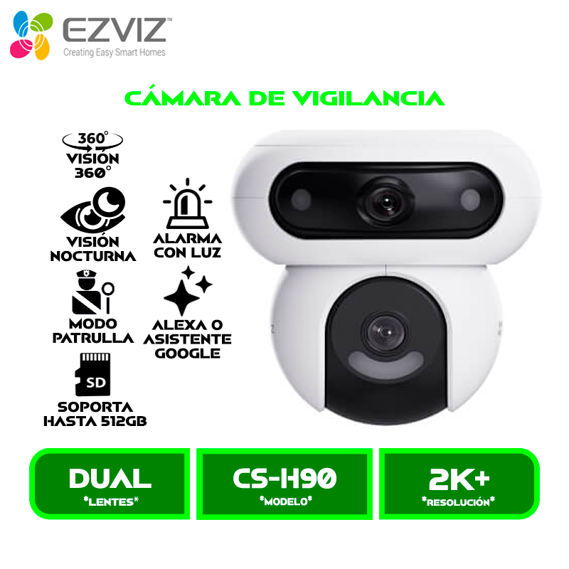 CS-H90 CAMARA DE VIGILANCIA EZVIZ EXTERIOR CS-H90 R100-8H44WKFL 2K+ DOBLE LENTE, 4MP, SIRENA CON LUCES, VISION NOCTURNA A COLOR, COMUNICACIÓN BIDIRECCIONAL DOS MODOS DE PATRULLA, 360°H ALEXA