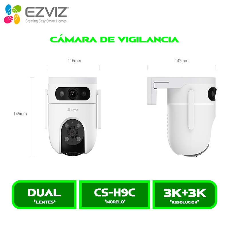 CS-H9c 3K+ 2 CAMARA DE VIGILANCIA EZVIZ EXTERIOR CS-H9C-R105-8H55WFL 3K DOBLE LENTE 5MP Y 5MP 360° VISION NOCTURNA A COLOR WI-FI 6, 2.4GHZ ALEXA