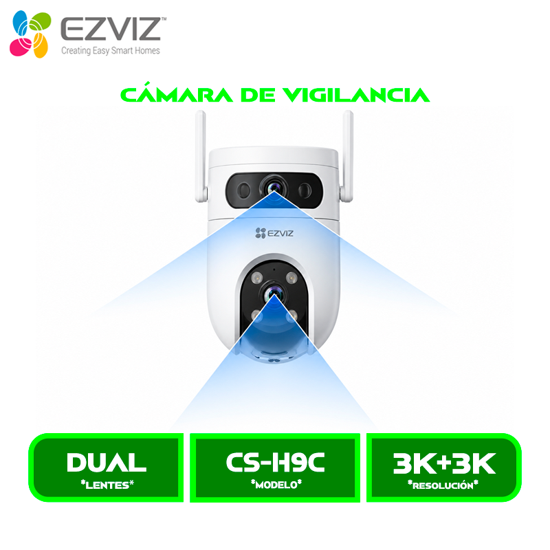CS-H9c 3K+ 3 CAMARA DE VIGILANCIA EZVIZ EXTERIOR CS-H9C-R105-8H55WFL 3K DOBLE LENTE 5MP Y 5MP 360° VISION NOCTURNA A COLOR WI-FI 6, 2.4GHZ ALEXA
