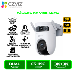 CS-H9c 3K+ CAMARA DE VIGILANCIA EZVIZ EXTERIOR CS-H9C-R105-8H55WFL 3K DOBLE LENTE 5MP Y 5MP 360° VISION NOCTURNA A COLOR WI-FI 6, 2.4GHZ ALEXA